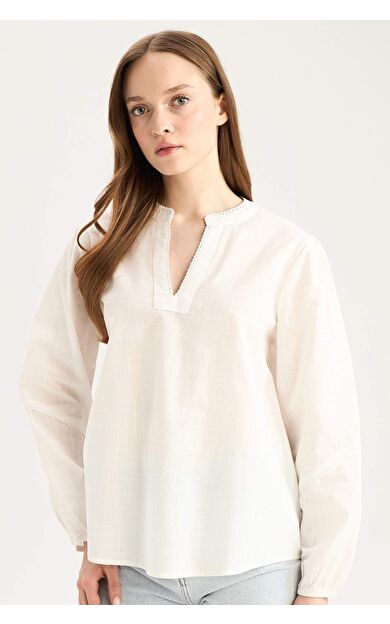 Regular Fit Bisiklet Yaka Flamlı Pamuk Uzun Kollu Bluz