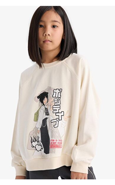 DeFacto Kız Çocuk Relax Fit Bisiklet Yaka Anime Baskılı Sweatshirt D8817A825SPER99