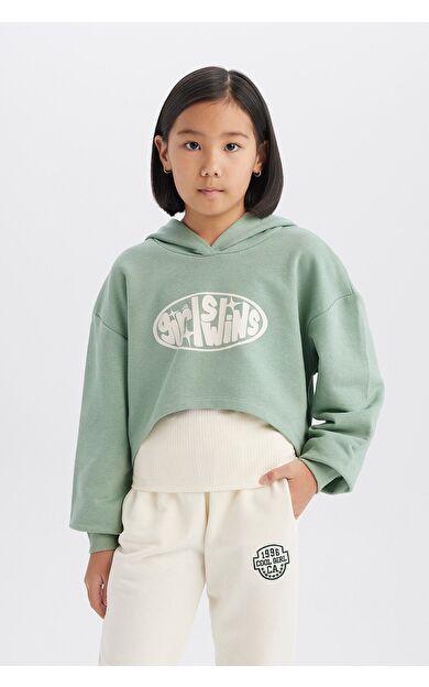 DeFacto Kız Çocuk 2'li Takım Crop Kapüşonlu Baskılı Sweatshirt Atlet