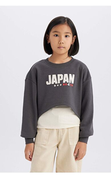 DeFacto Kız Çocuk Crop Bisiklet Yaka Baskılı 2'li Sweatshirt