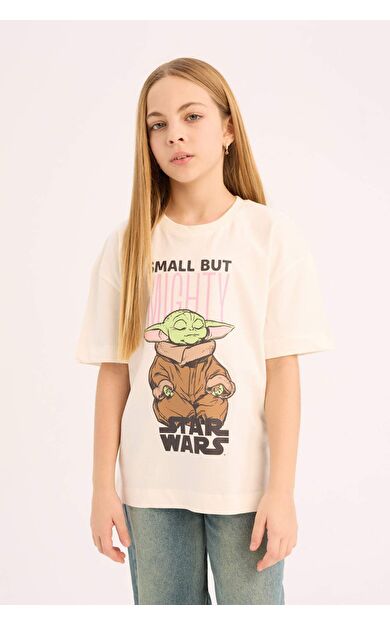 DeFacto Kız Çocuk Star Wars-Mandalorian Oversize Geniş Kalıp Bisiklet Yaka Kısa Kollu Tişört