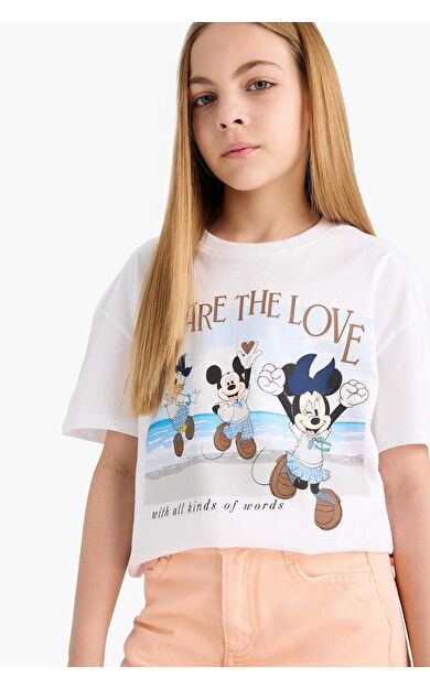 DeFacto Kız Çocuk Disney Mickey Mouse &amp;Friends Relax Fit Bisiklet Yaka Kısa Kollu Tişört