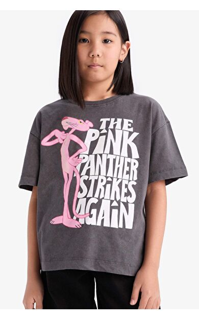DeFacto Kız Çocuk Pink Panther Oversize Geniş Kalıp Bisiklet Yaka Kısa Kollu Tişört