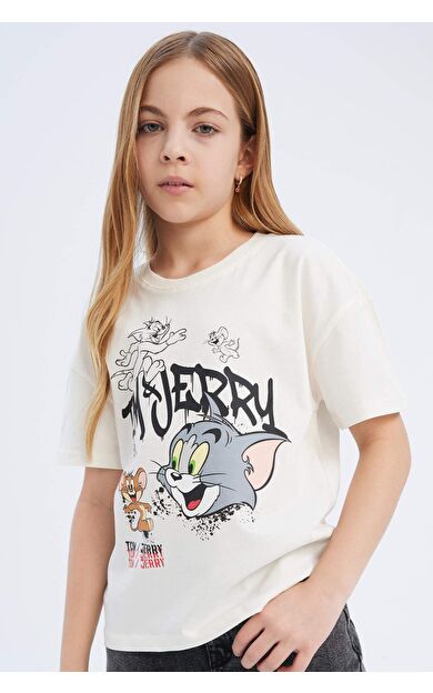 DeFacto Kız Çocuk Tom &amp; Jerry Relax Fit Bisiklet Yaka Kısa Kollu Tişört