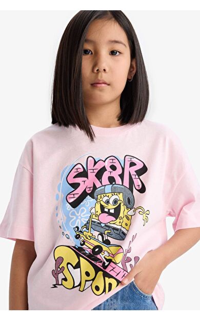 DeFacto Kız Çocuk SpongeBob Oversize Geniş Kalıp Bisiklet Yaka Kısa Kollu Tişört D8830A825SPPN343