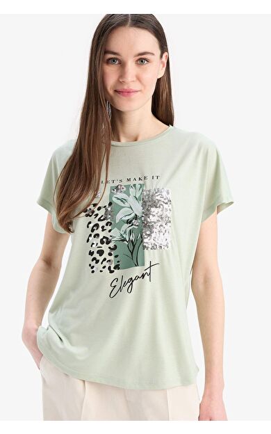 DeFacto Bisiklet Yaka Baskılı Yarasa Kollu Tişört