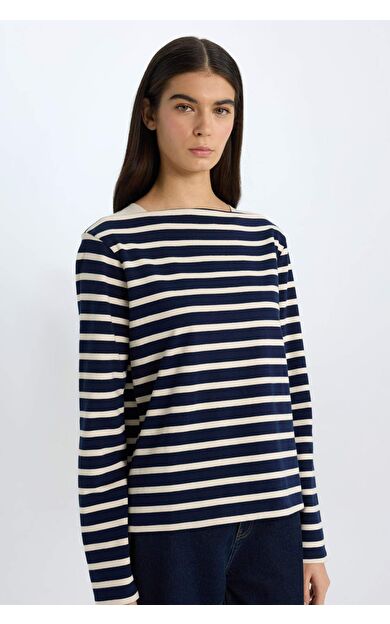 DeFacto Regular Fit Bisiklet Yaka Çizgili Casual Penye Uzun Kollu Tişört