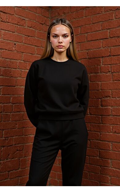 DeFacto Coool Oversize Fit Geniş Kalıp Bisiklet Yaka Basic Düz Kalın Kumaş Siyah Sweatshirt