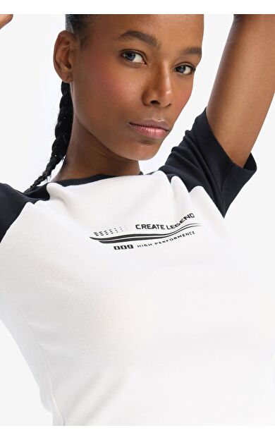 DeFacto DeFactoFit Slim Fit Dar Kesim Bisiklet Yaka Slogan Baskılı Sporcu Ribana Kısa Kollu Tişört D9032AX25SPER136