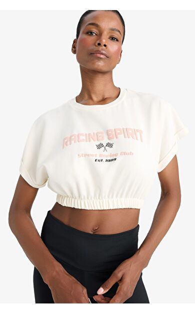 DeFacto DeFactoFit Crop Bisiklet Yaka Slogan Baskılı Sporcu Kısa Kollu Tişört D9034AX25SPER136