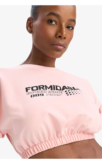 DeFactoFit Crop Bisiklet Yaka Slogan Baskılı Sporcu Kısa Kollu Tişört D9035AX25SPPN243