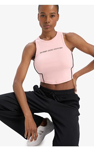 DeFactoFit Crop Top Slogan Baskılı Bisiklet Yaka Ribana Sporcu Atlet