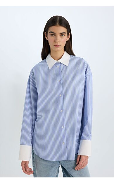 DeFacto Oversize Geniş Kalıp Çizgili Poplin Uzun Kollu Gömlek D9060AX24WNBE503