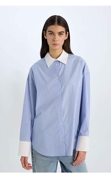 Oversize Geniş Kalıp Çizgili Poplin Uzun Kollu Gömlek D9060AX24WNBE503