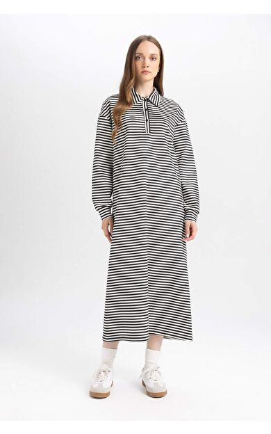 Relax Fit Çizgili Polo Yaka Uzun Kollu Maxi Elbise