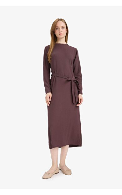 Regular Fit Bisiklet Yaka Bağlamalı Uzun Kollu Maxi Elbise