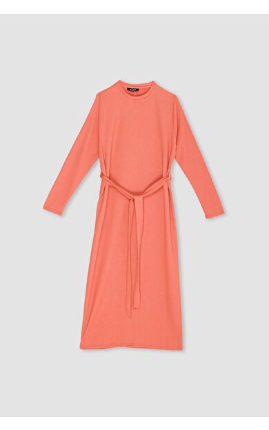 Regular Fit Bisiklet Yaka Bağlamalı Uzun Kollu Maxi Elbise