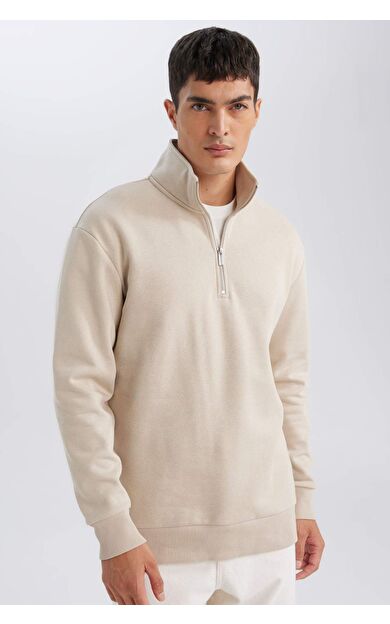 DeFacto Erkek Bej 3 İplik Pamuklu Şardonlu İçi Polarlı Comfort Regular Fit Rahat Kalıp Dik Yaka Fermuarlı Kalın Sweatshirt