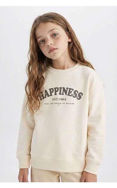 DeFacto Kız Çocuk Relax Fit Bisiklet Yaka Baskılı Sweatshirt D9078A825SPER134
