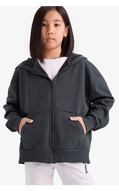 DeFacto Kız Çocuk Kapüşonlu Basic Düz Cepli Fermuarlı Sweatshirt D9079A825SPAR208