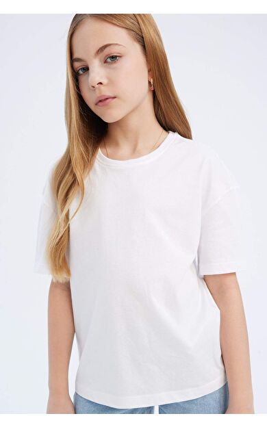 DeFacto Kız Çocuk Relax Fit Bisiklet Yaka Basic Düz Kısa Kollu Tişört D9099A825SMWT34