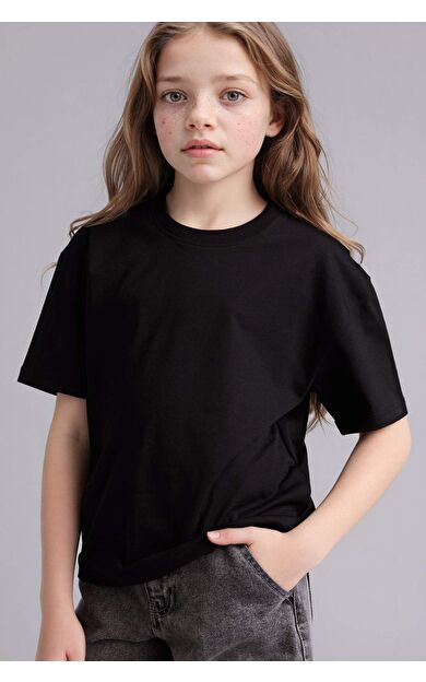 Relax Fıt Bisiklet Yaka Kısa Kollu Tişört Kız Çocuk