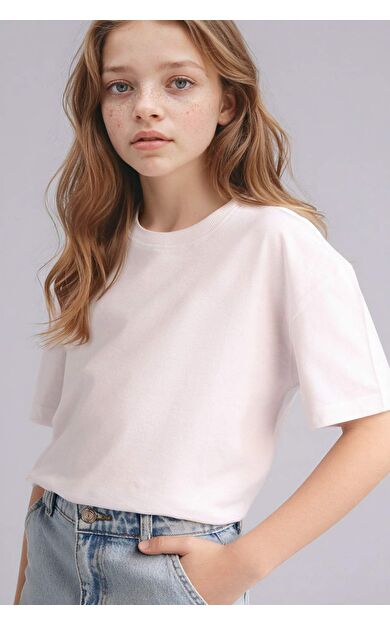 Relax Fıt Bisiklet Yaka Kısa Kollu Tişört Kız Çocuk