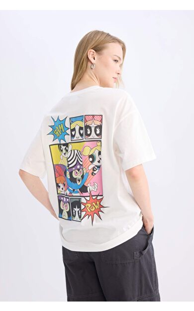 Coool PowerPuff Girls Oversize Geniş Kalıp Bisiklet Yaka Sırt Baskılı Kısa Kollu Tişört