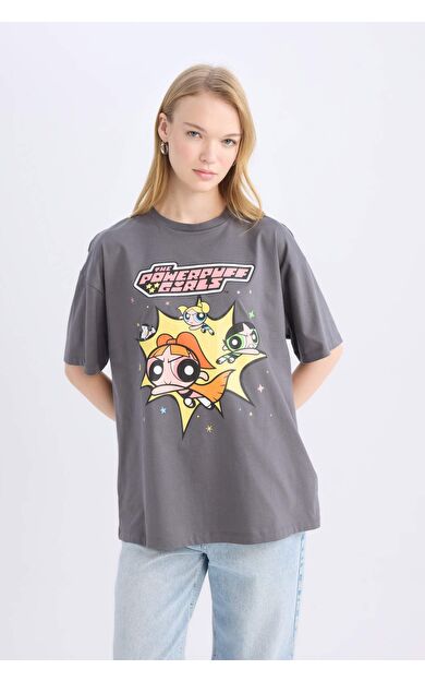 DeFacto Coool PowerPuff Girls Oversize Geniş Kalıp Bisiklet Yaka Baskılı Kısa Kollu Tişört
