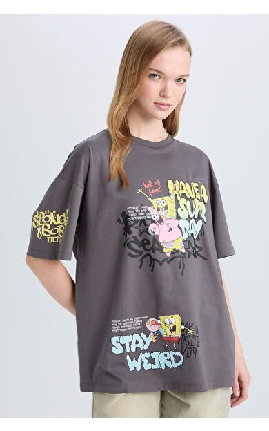 Coool SpongeBob Oversize Geniş Kalıp Bisiklet Yaka Baskılı Kısa Kollu Tişört D9117AX25SMAR58