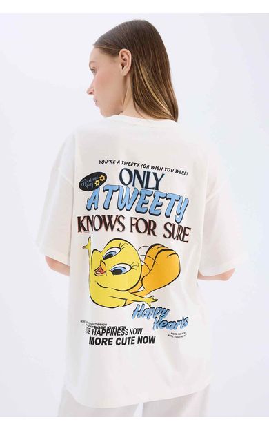 DeFacto Coool Looney Tunes Oversize Geniş Kalıp Bisiklet Yaka Baskılı Kısa Kollu Tişört D9119AX25SMWT32