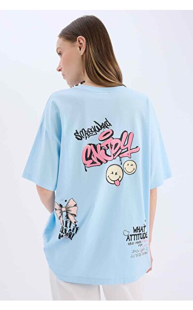 DeFacto Coool SmileyWorld Oversize Geniş Kalıp Bisiklet Yaka Sırt Baskılı Kısa Kollu Tişört