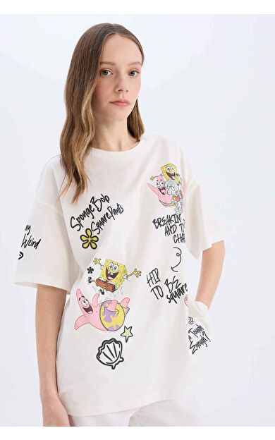 DeFacto Coool SpongeBob Oversize Geniş Kalıp Bisiklet Yaka Baskılı Kısa Kollu Tişört D9124AX25SMWT32
