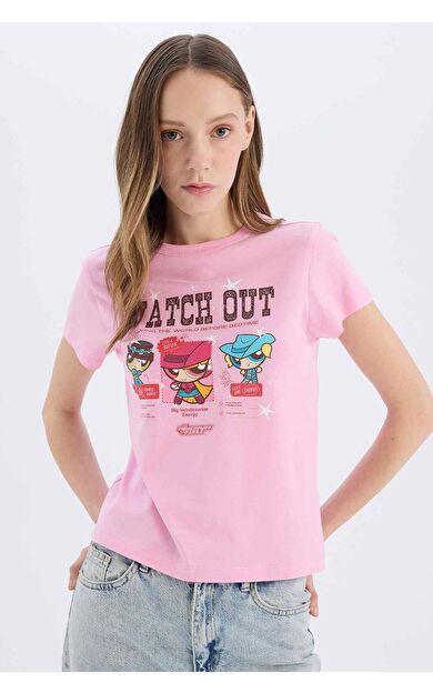DeFacto Coool PowerPuff Girls Regular Fit Bisiklet Yaka Baskılı Ribana Kısa Kollu Tişört