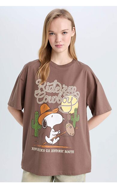 Coool Snoopy Oversize Geniş Kalıp Bisiklet Yaka Baskılı Kısa Kollu Tişört