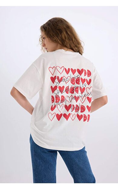 Sevgililer Günü SmileyWorld Oversize Geniş Kalıp Bisiklet Yaka Sırt Baskılı Kısa Kollu Tişört