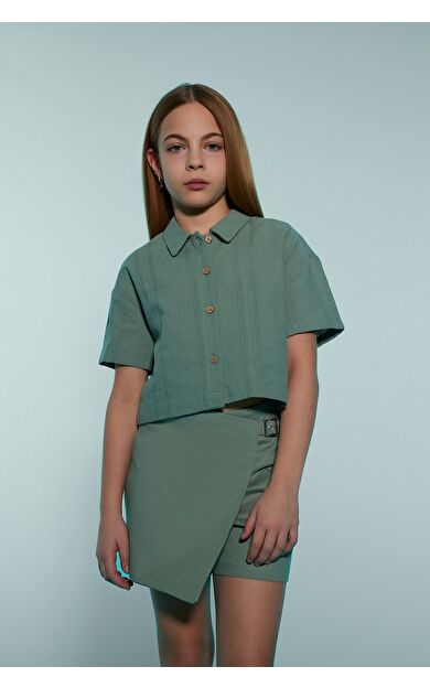 DeFacto Kız Çocuk Crop Keten Kısa Kollu Gömlek D9143A825SMGN1107