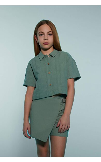 DeFacto Kız Çocuk Crop Keten Kısa Kollu Gömlek D9143A825SMGN1107