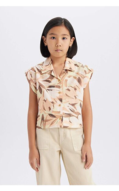 DeFacto Kız Çocuk Crop Desenli Pamuklu Kısa Kollu Gömlek