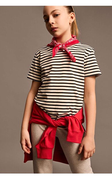 DeFacto Kız Çocuk Bisiklet Yaka Çizgili Kısa Kollu Tişört