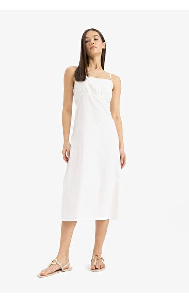 Kare Yaka Askılı Keten Karışımlı Midi Beyaz Elbise