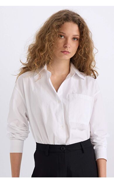 Oversize Geniş Kalıp Tek Cepli Poplin Uzun Kollu Gömlek