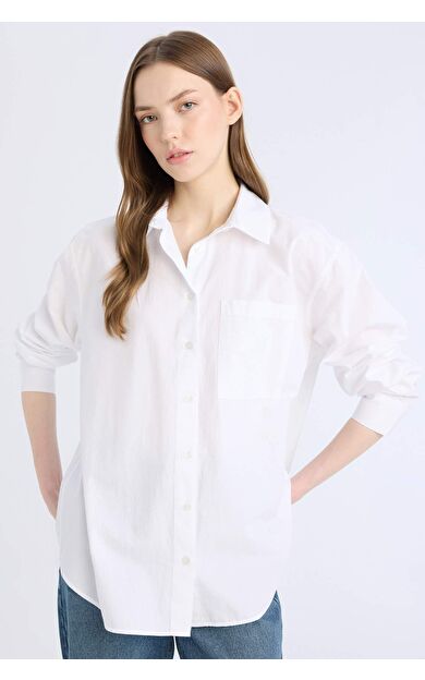 DeFacto Oversize Geniş Kalıp Tek Cepli Poplin Uzun Kollu Gömlek