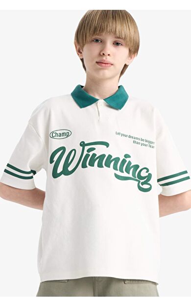 DeFacto Erkek Çocuk Oversize Geniş Kalıp Polo Yaka Baskılı Kısa Kollu Polo Tişört