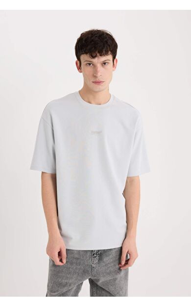 DeFacto Boxy Fit Bisiklet Yaka Baskılı Kısa Kollu Ağır Kumaş Tişört D9184AX25SPGR184