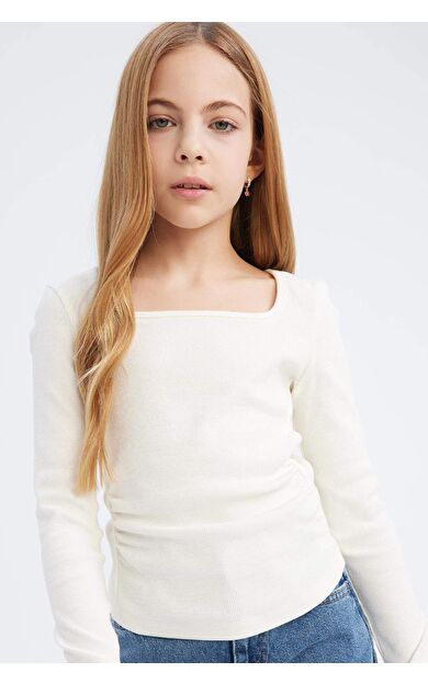 DeFacto Kız Çocuk Slim Fit Dar Kesim Bisiklet Yaka Fitilli Kaşkorse Uzun Kollu Tişört D9236A825SPWT32