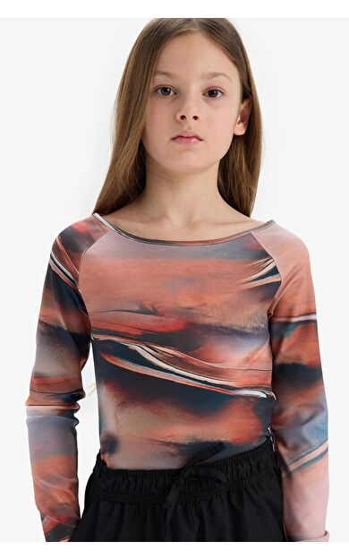 DeFacto Kız Çocuk Slim Fit Dar Kesim Kaçık Yaka Uzun Kollu Tişört