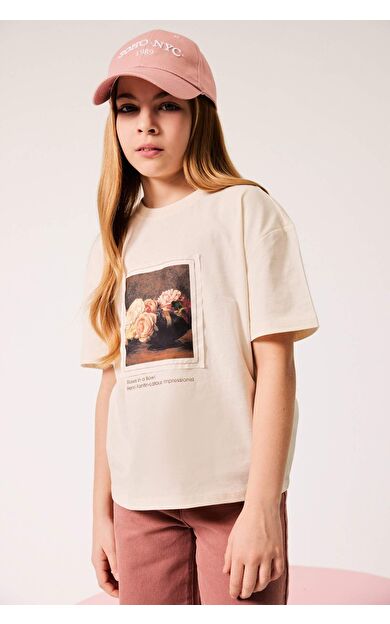 DeFacto Kız Çocuk Oversize Geniş Kalıp Bisiklet Yaka Kısa Kollu Tişört D9270A825SMER83