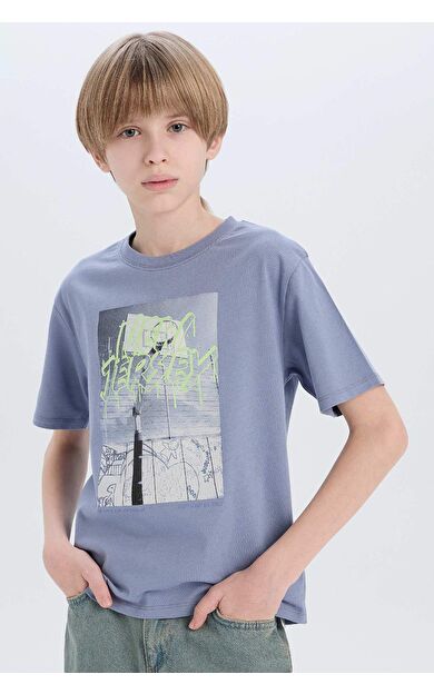 DeFacto Erkek Çocuk Bisiklet Yaka Baskılı Kısa Kollu Tişört D9280A825SMBE418