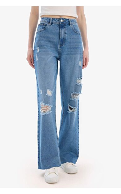 90's Wide Leg Yırtık Detaylı Yüksek Bel Geniş Paça Uzun Jean Yıkamalı Pantolon